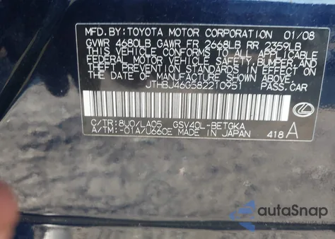 2008 Lexus Es 350 из США, поврежденный, VIN JTHBJ46G582210951